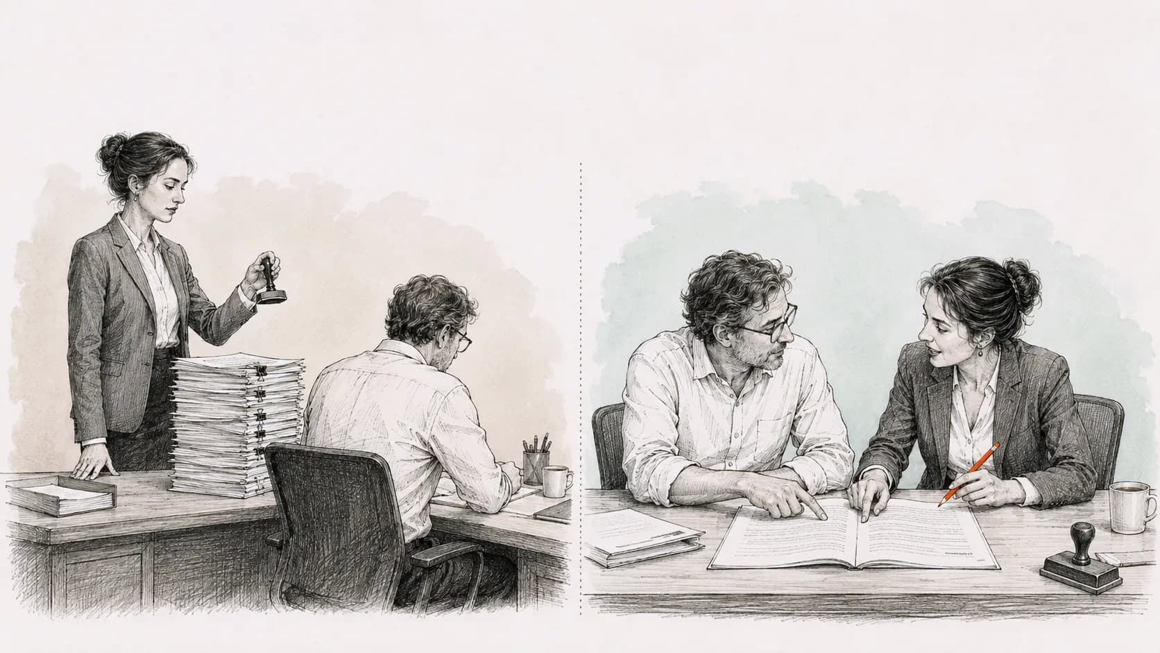 Inkttekening: links stempelt een controleur op afstand een stapel af, rechts zitten dezelfde twee samen over één rapport