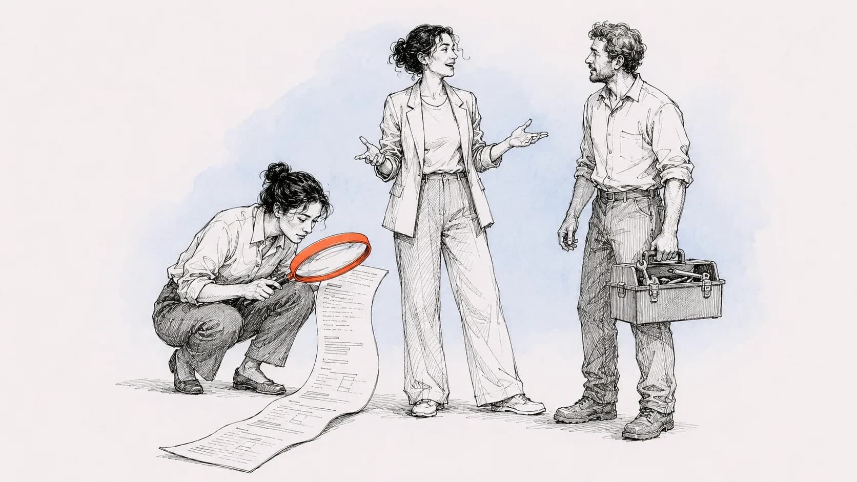 Inkttekening: drie mensen naast elkaar, een procesexpert met een oranje loep over een document, een veranderaar die uitlegt, en een bouwer met een gereedschapskist
