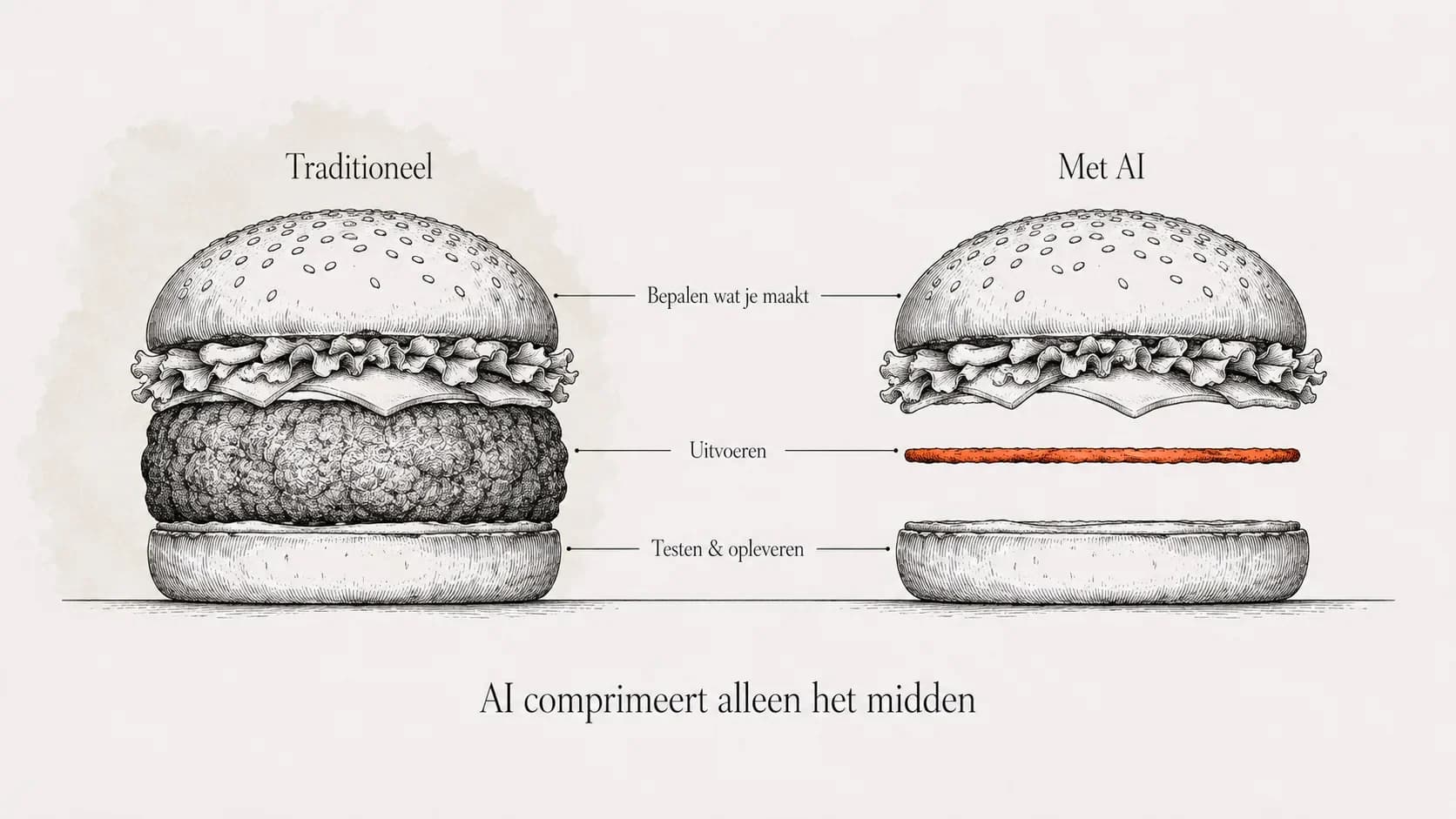 Inkttekening: twee broodjes naast elkaar, waarbij alleen het middelste deel dunner is geworden