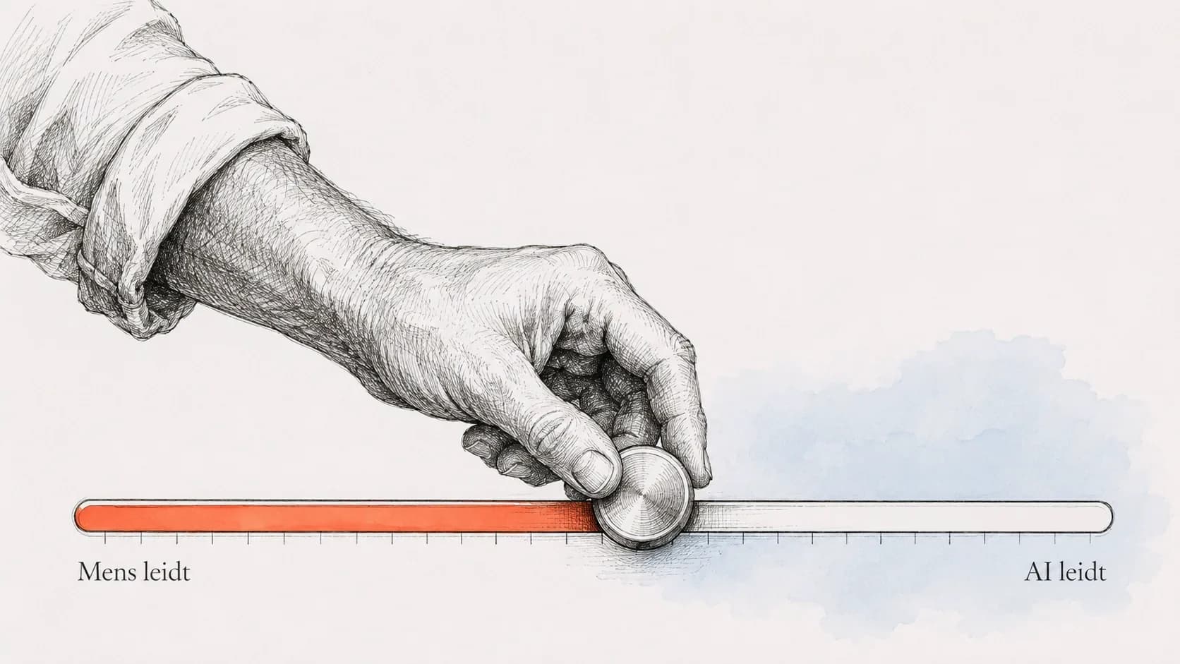 Inkttekening: een hand schuift een fysieke schuifregelaar tussen 'mens leidt' en 'AI leidt'