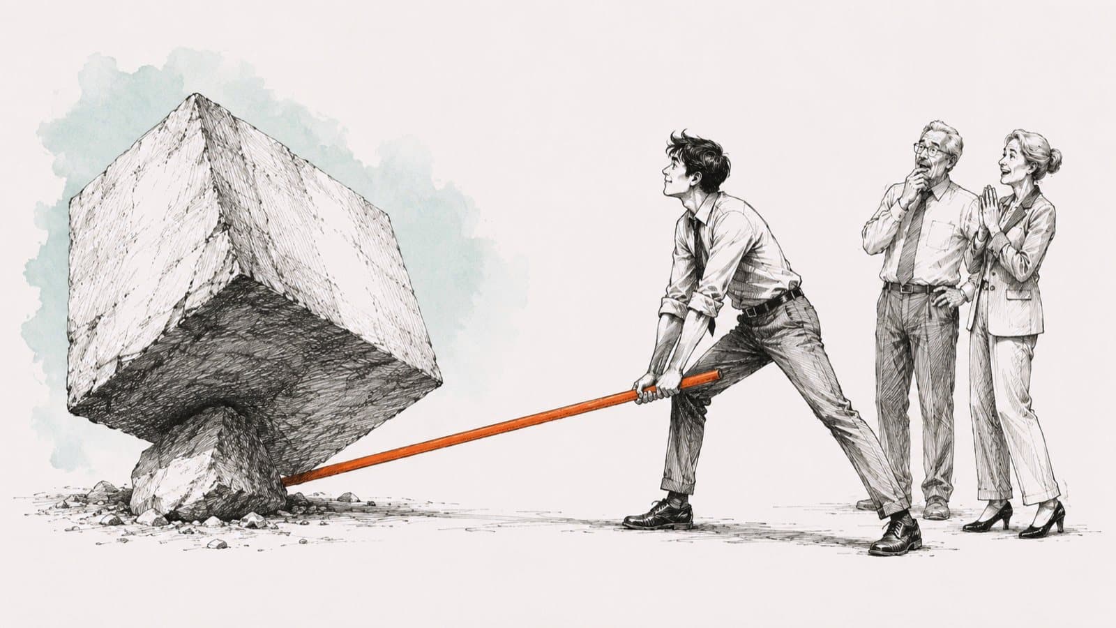 Inkttekening: een jonge man wrikt met een oranje koevoet een groot steenblok los, twee oudere collega's kijken toe