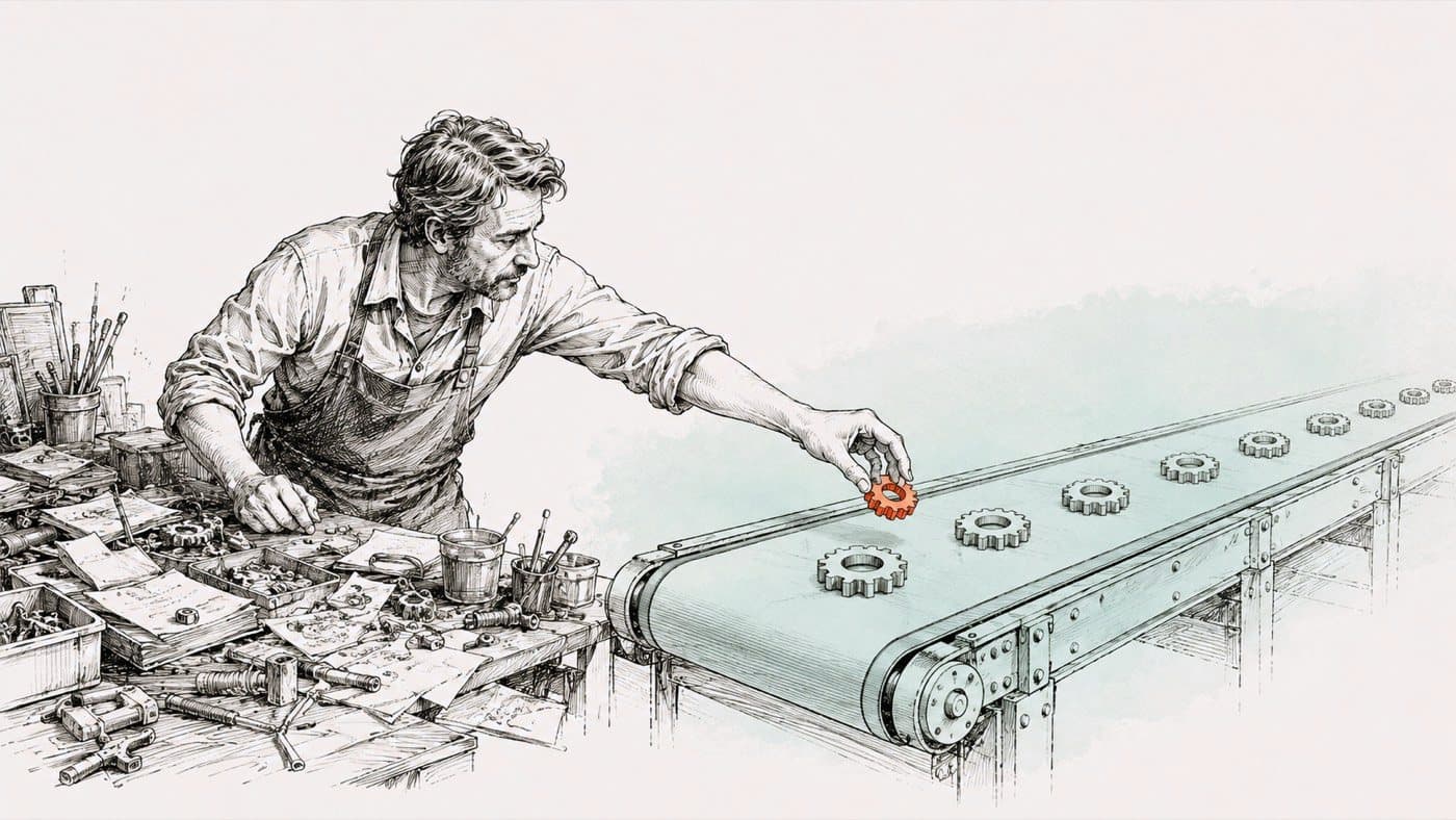 Inkttekening: een maker aan een werkbank legt één oranje tandwiel op een lopende band
