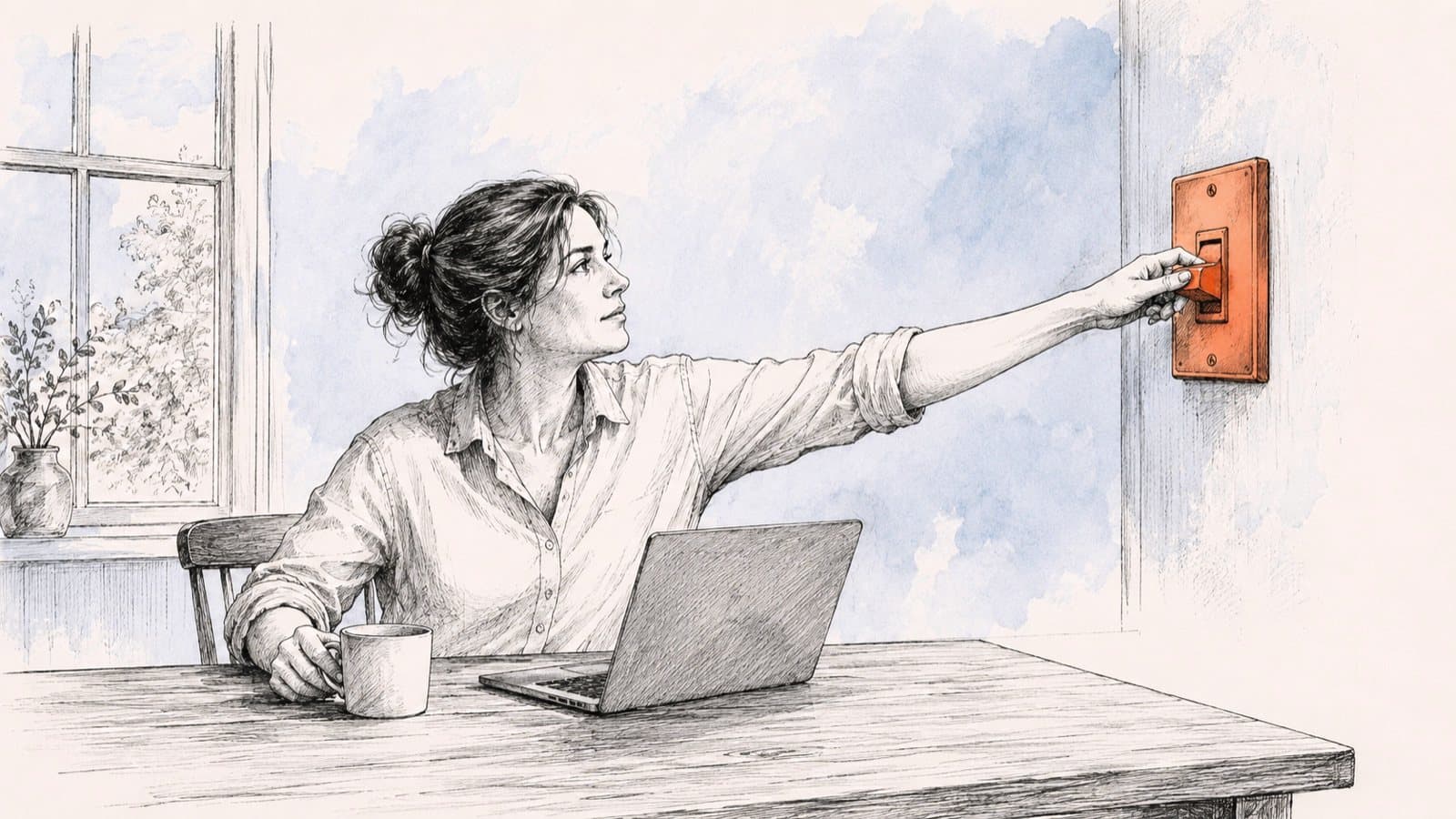 Inkttekening: een vrouw aan een keukentafel met laptop en koffiemok zet een grote oranje schakelaar aan de muur om