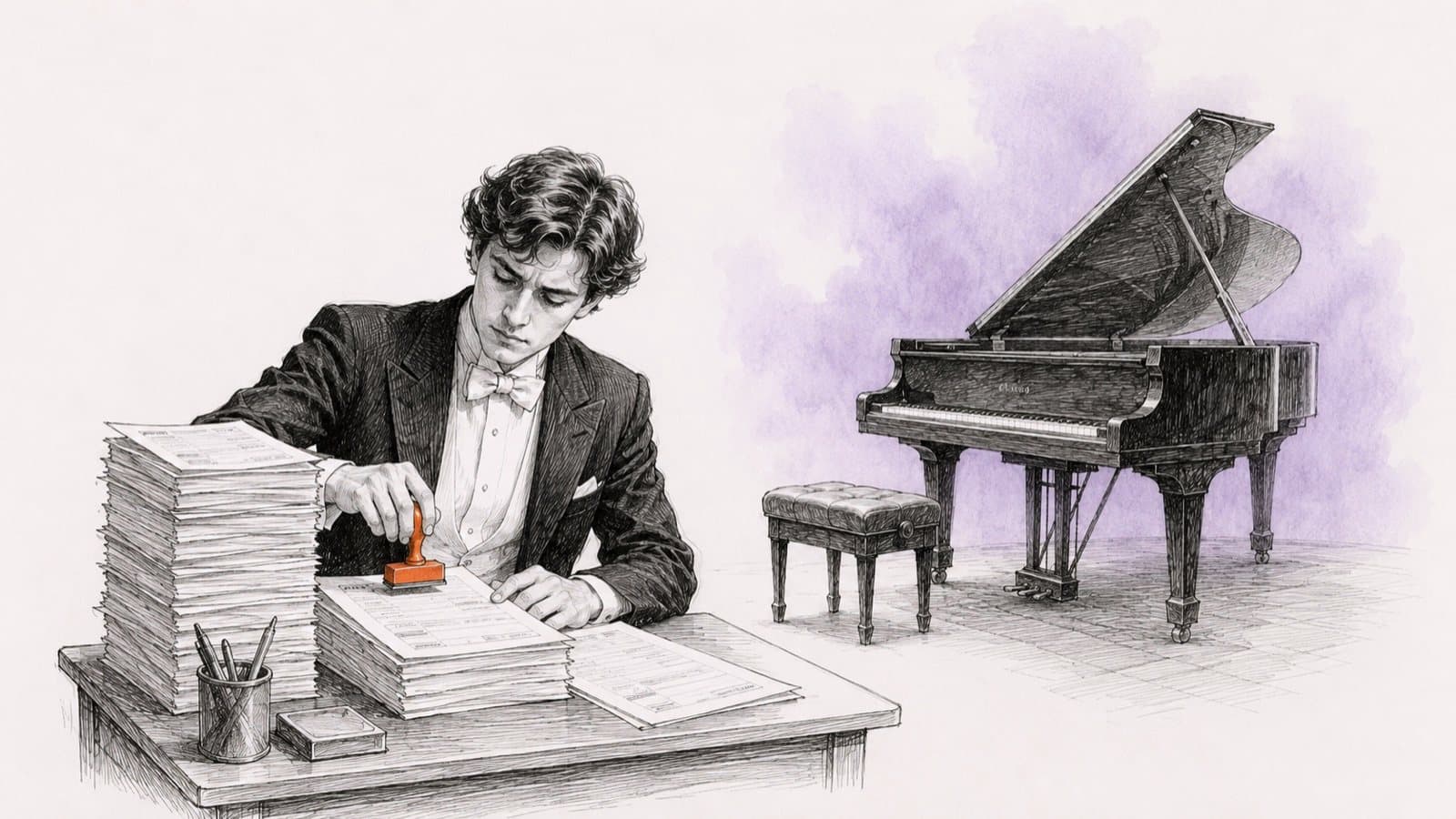 Inkttekening: een pianist in rokkostuum zet met een oranje stempel formulieren af aan een bureau vol papier, naast hem staat een vleugel ongebruikt