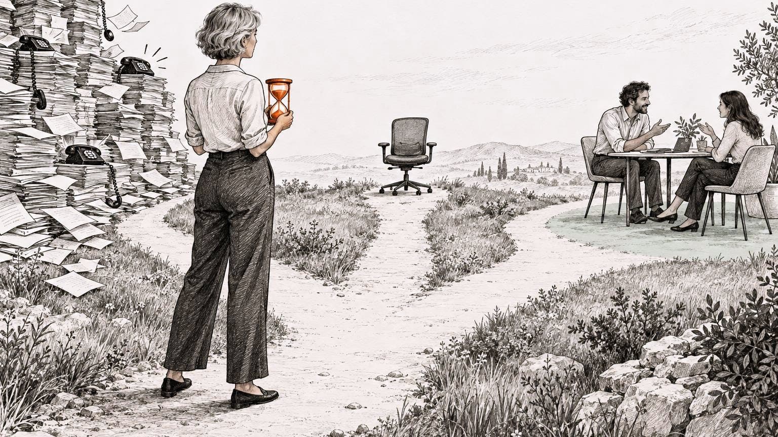 Een vrouw met een zandloper staat op een splitsing: links stapels papier en rinkelende telefoons, in het midden een lege bureaustoel, rechts een gesprek met een klant