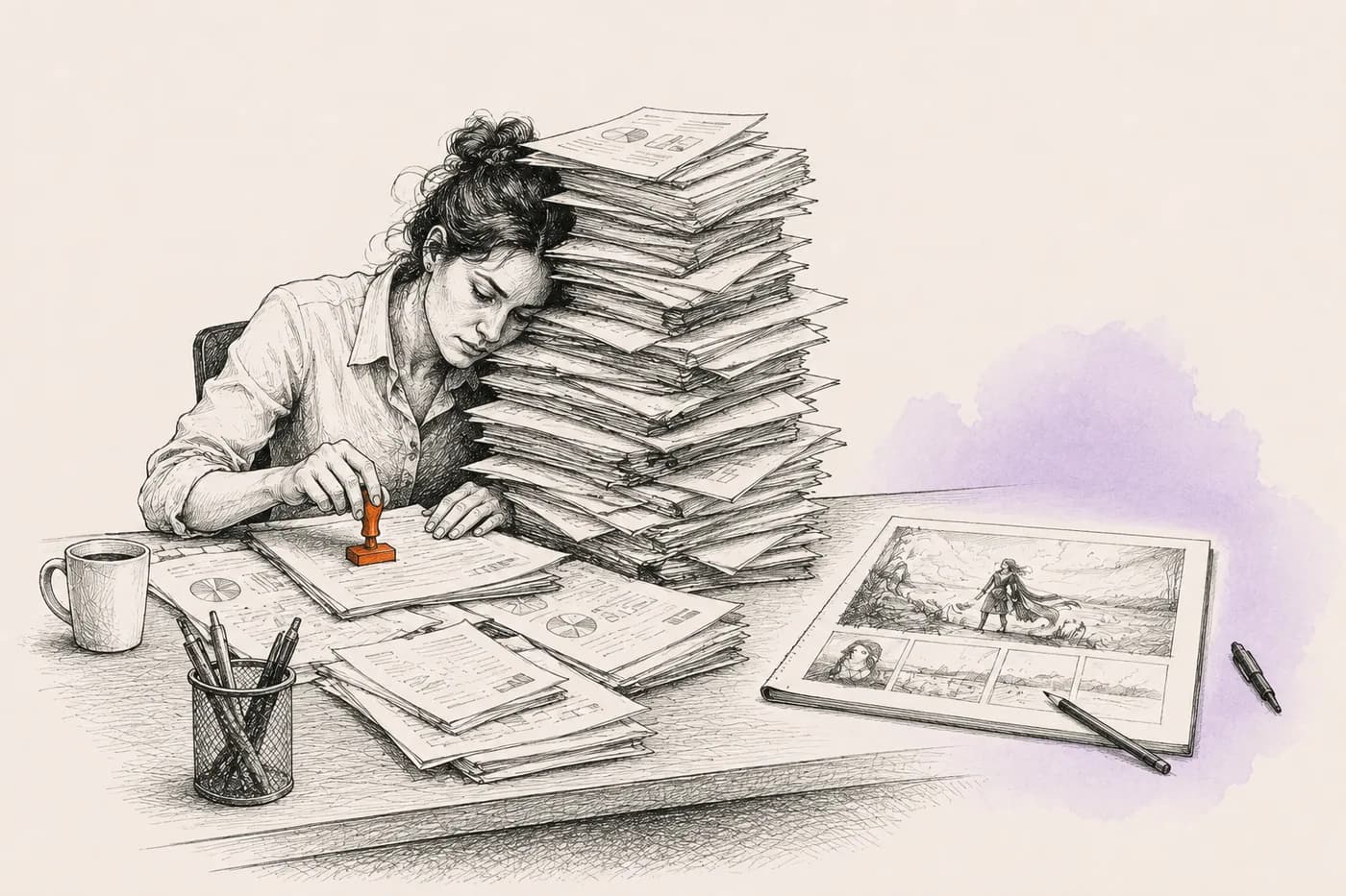 Inkttekening: het werk van een dag op tafel, voordat er iets geautomatiseerd is
