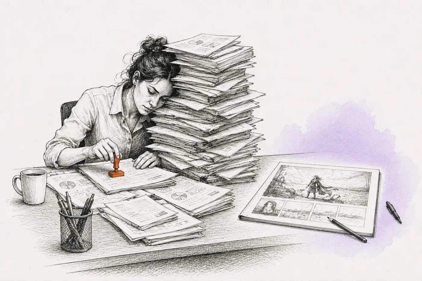 Pen-en-inkt-tekening van een medewerker die moe met haar hoofd tegen een hoge stapel papieren leunt en met een oranje stempel nog een vel afhandelt. Rechts op het bureau ligt een schetsboek met een tekening, het werk waar ze niet aan toekomt.