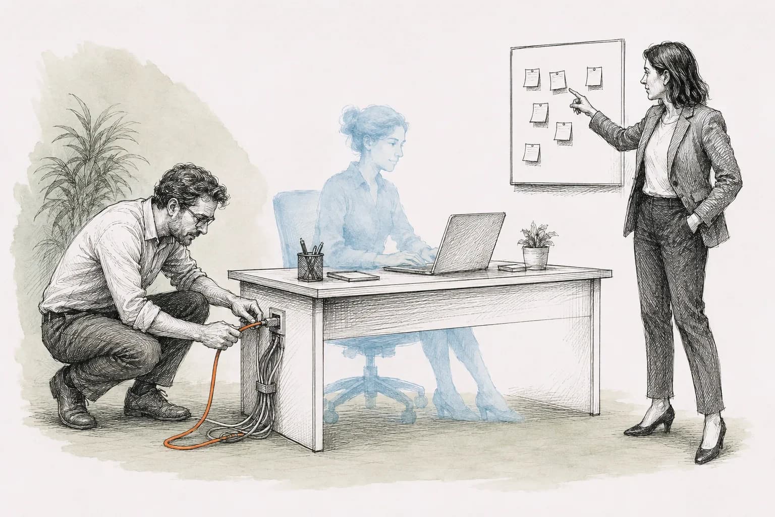 Inkttekening: een digitale collega die naast het team meewerkt