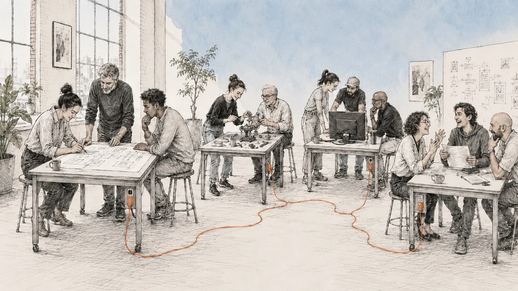 Four teams building their own tools at separate tables, connected by a single cable