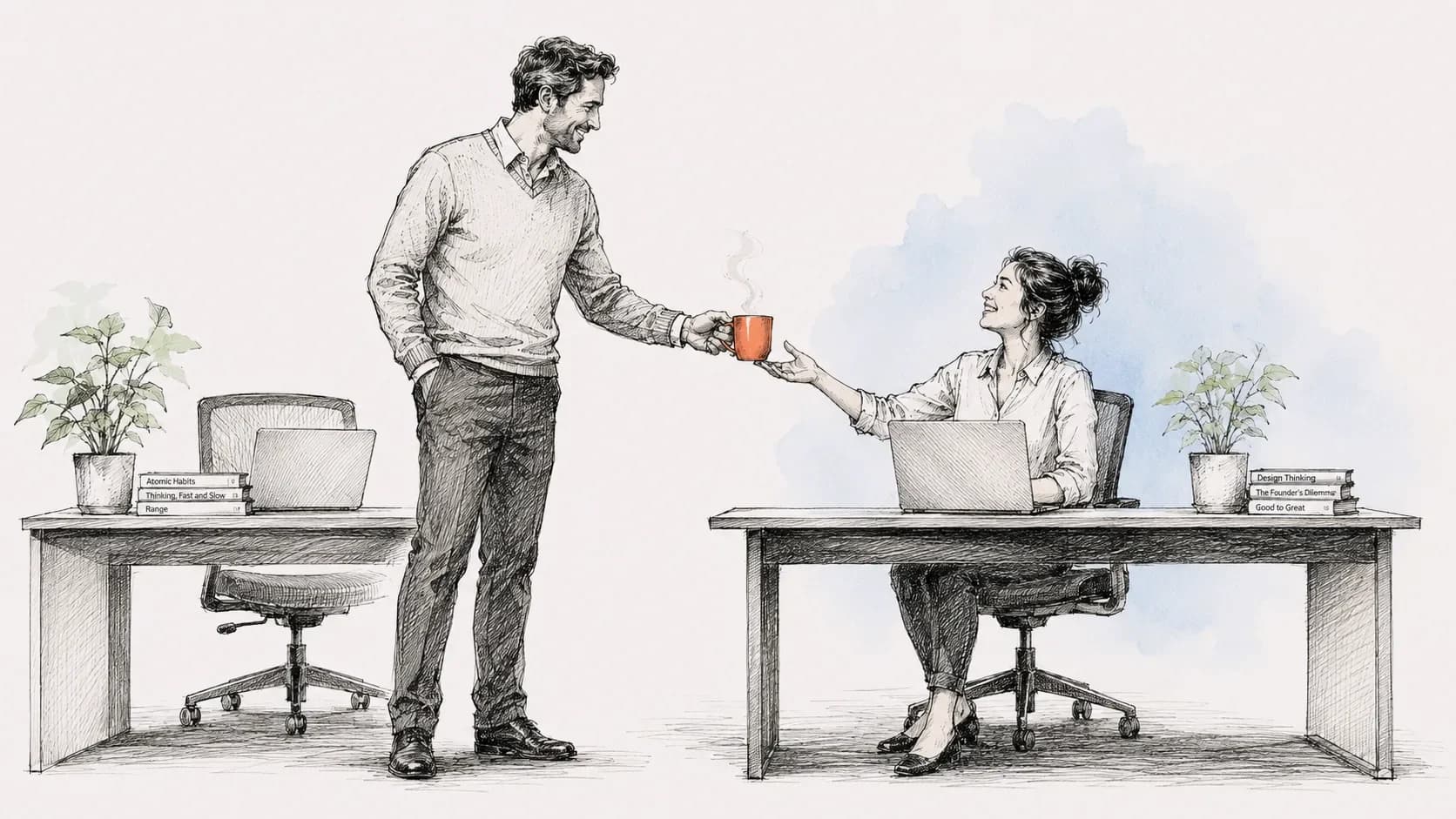 Inkttekening: een collega geeft een koffiemok aan iemand achter een bureau, alsof een nieuwe medewerker wordt ingewerkt