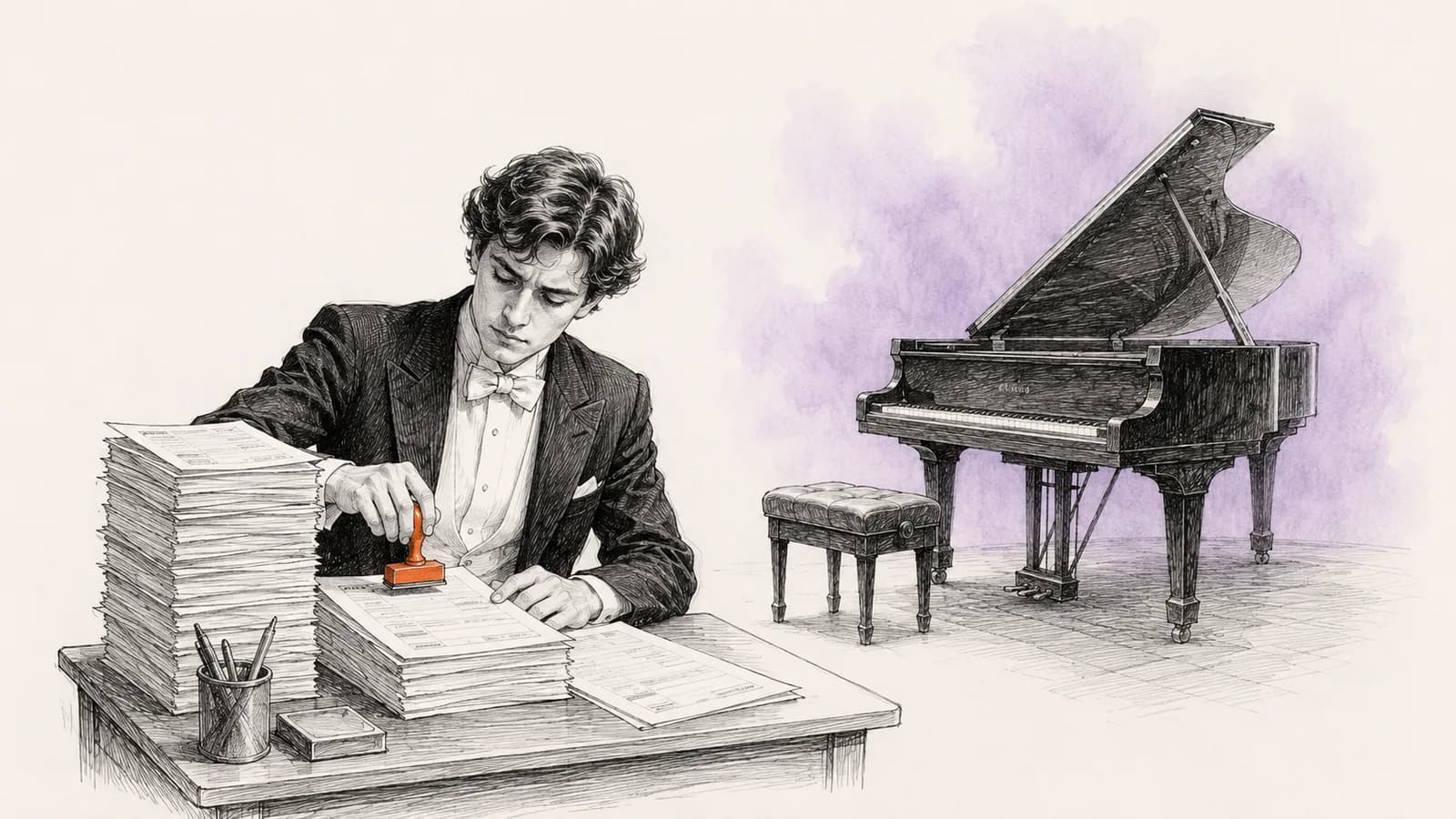 A pianist in evening dress stamps forms while the grand piano behind him stays closed