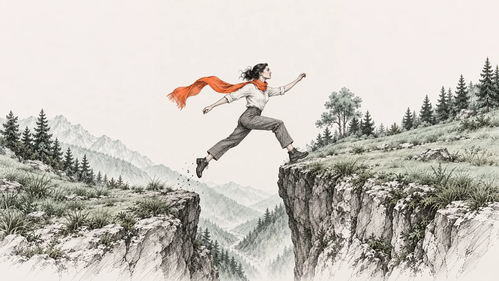 The leap: a figure jumps from a low ledge to a higher one