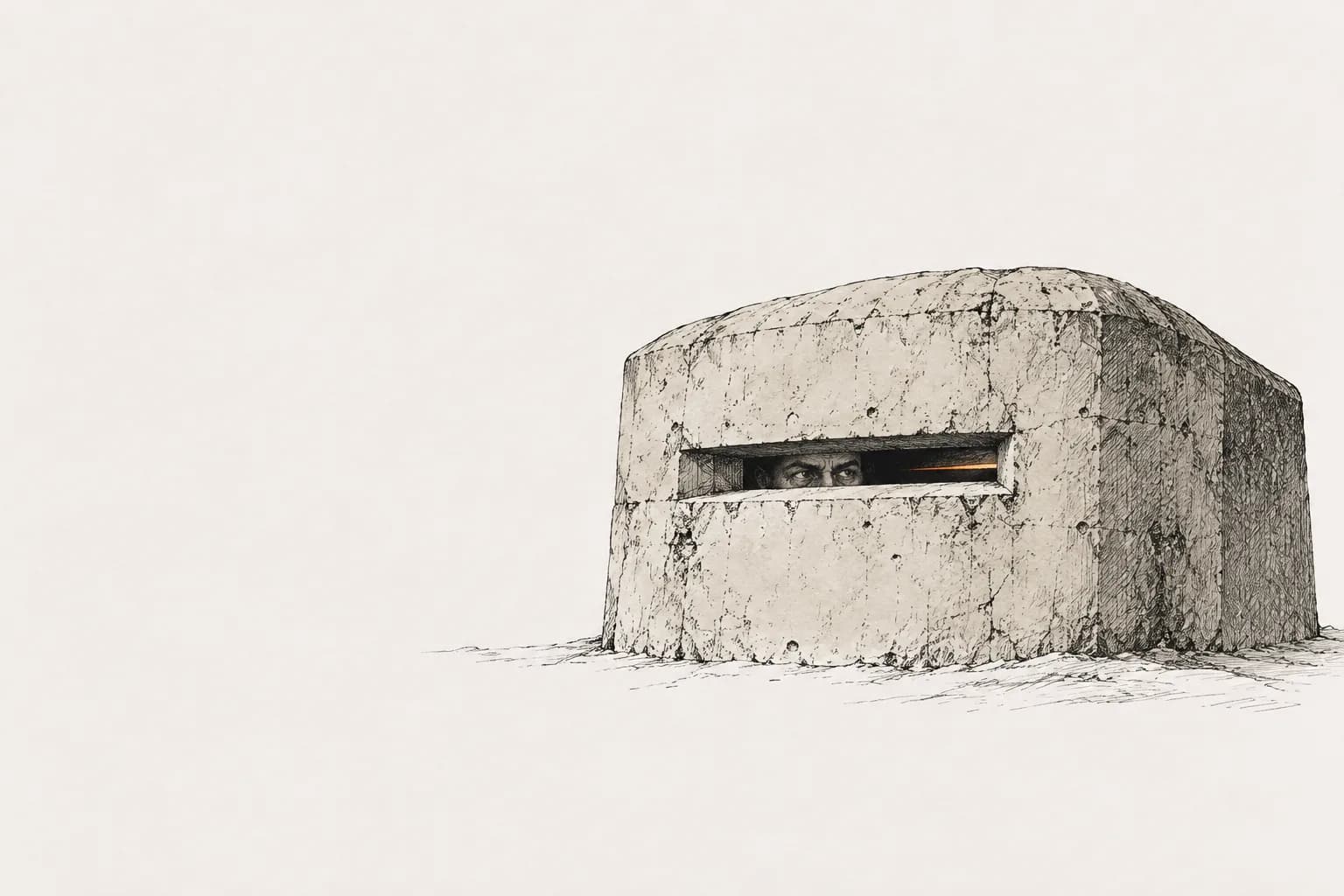 Ink drawing: a sealed concrete bunker with a single narrow slit, someone looking out through it