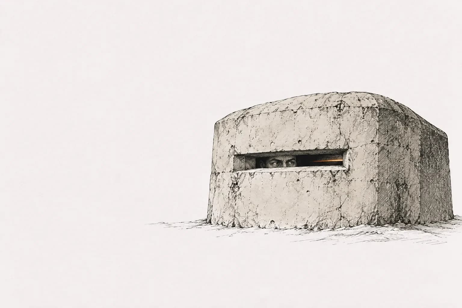 Ink drawing: a sealed concrete bunker with a single narrow slit, someone looking out through it