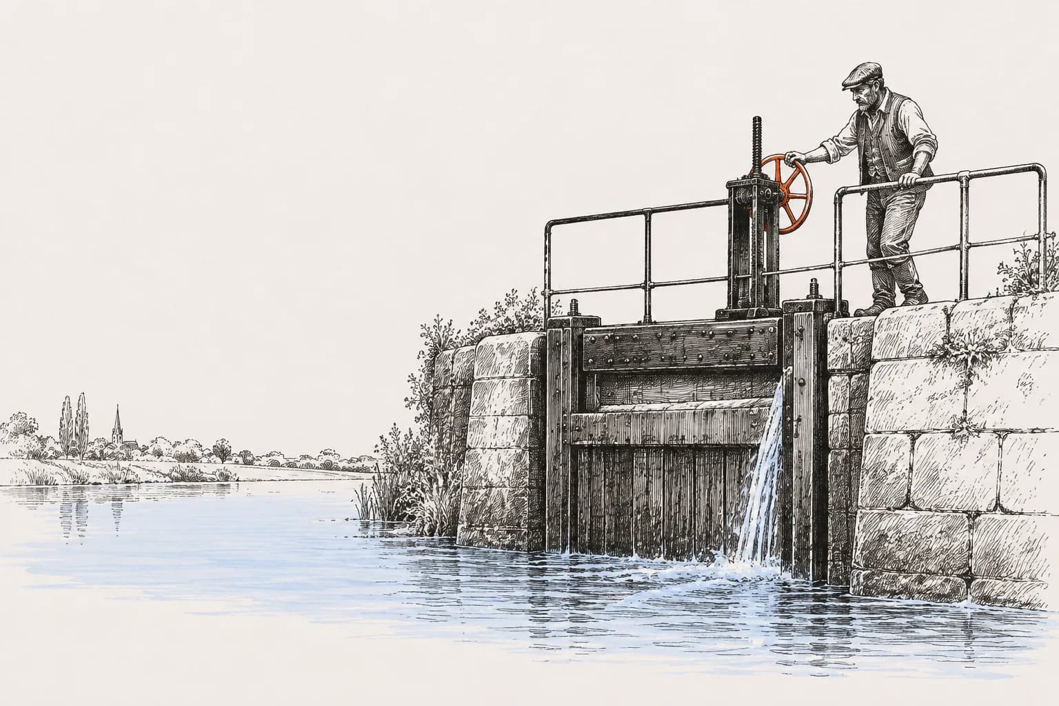 Ink drawing: a lock keeper turns an orange wheel, deciding how much water passes the lock gate