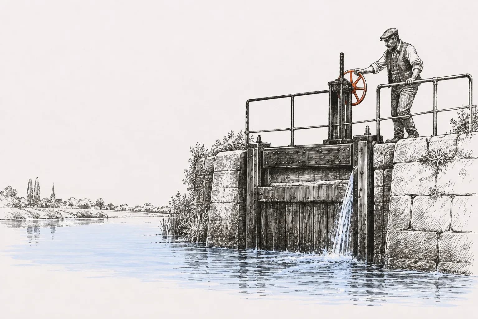 Ink drawing: a lock keeper turns an orange wheel, deciding how much water passes the lock gate