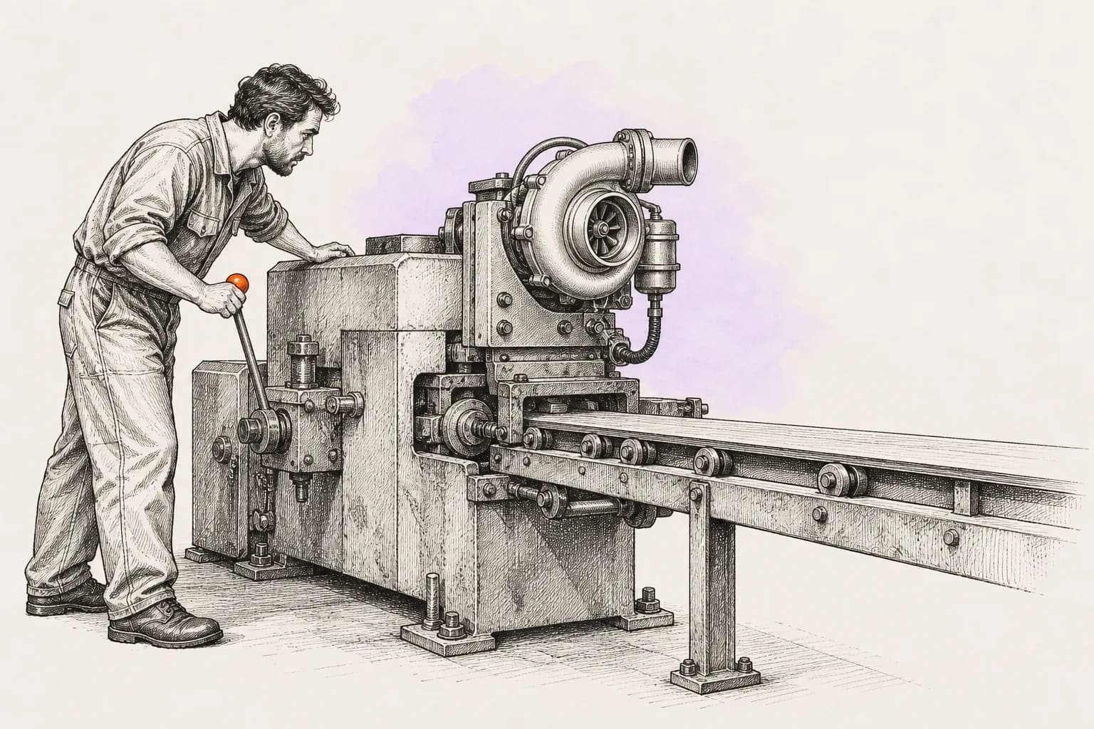 Ink drawing: an engineer works a lever on a workshop machine with a turbocharger bolted on later