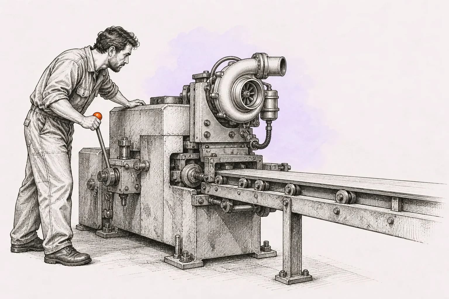 Ink drawing: an engineer works a lever on a workshop machine with a turbocharger bolted on later