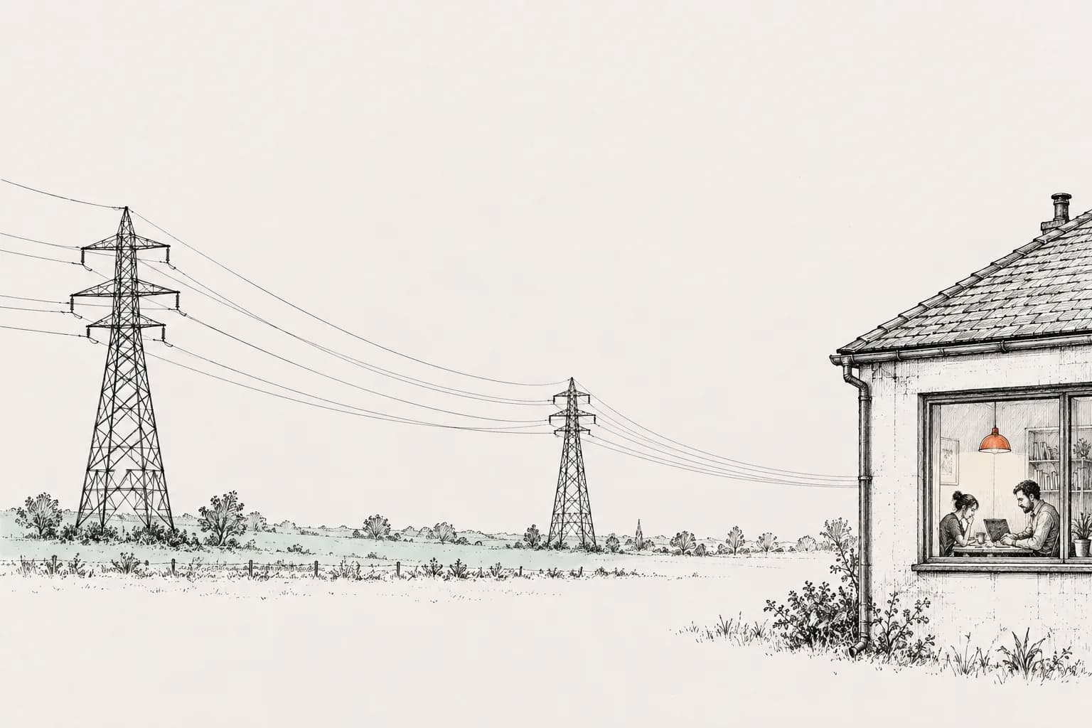 Ink drawing: power lines run to an ordinary house where two colleagues work without looking at them