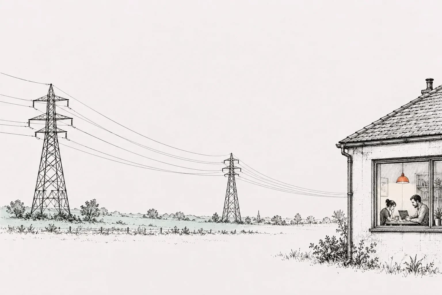 Ink drawing: power lines run to an ordinary house where two colleagues work without looking at them