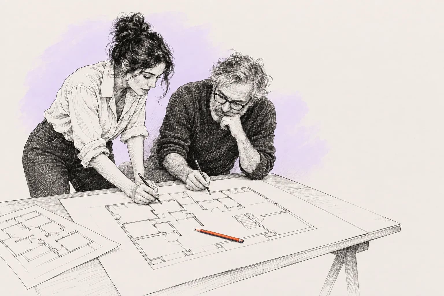 Ink drawing: two people of different ages redraw a floor plan together, the old plan pushed to the table edge