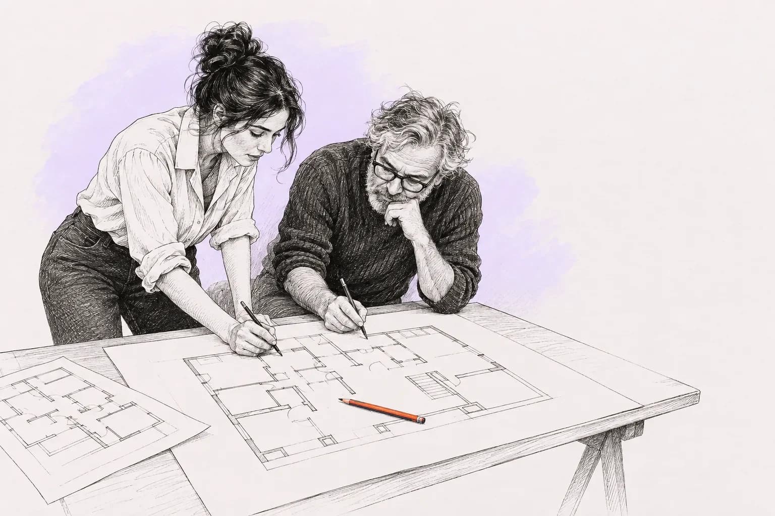 Ink drawing: two people of different ages redraw a floor plan together, the old plan pushed to the table edge