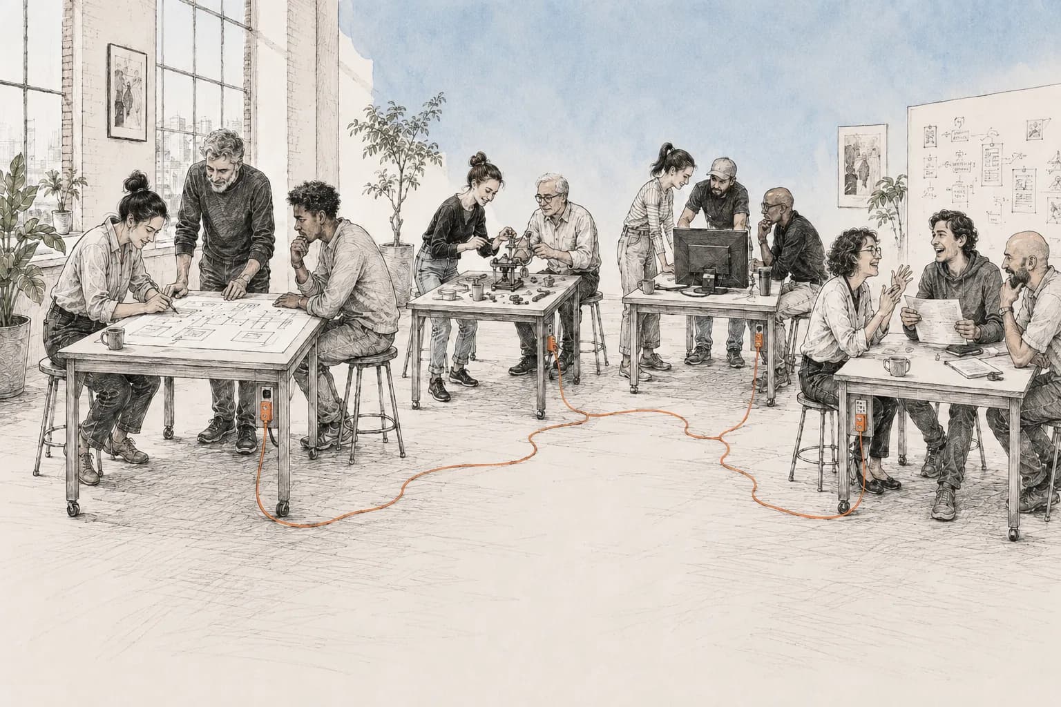 Ink drawing: a team building together