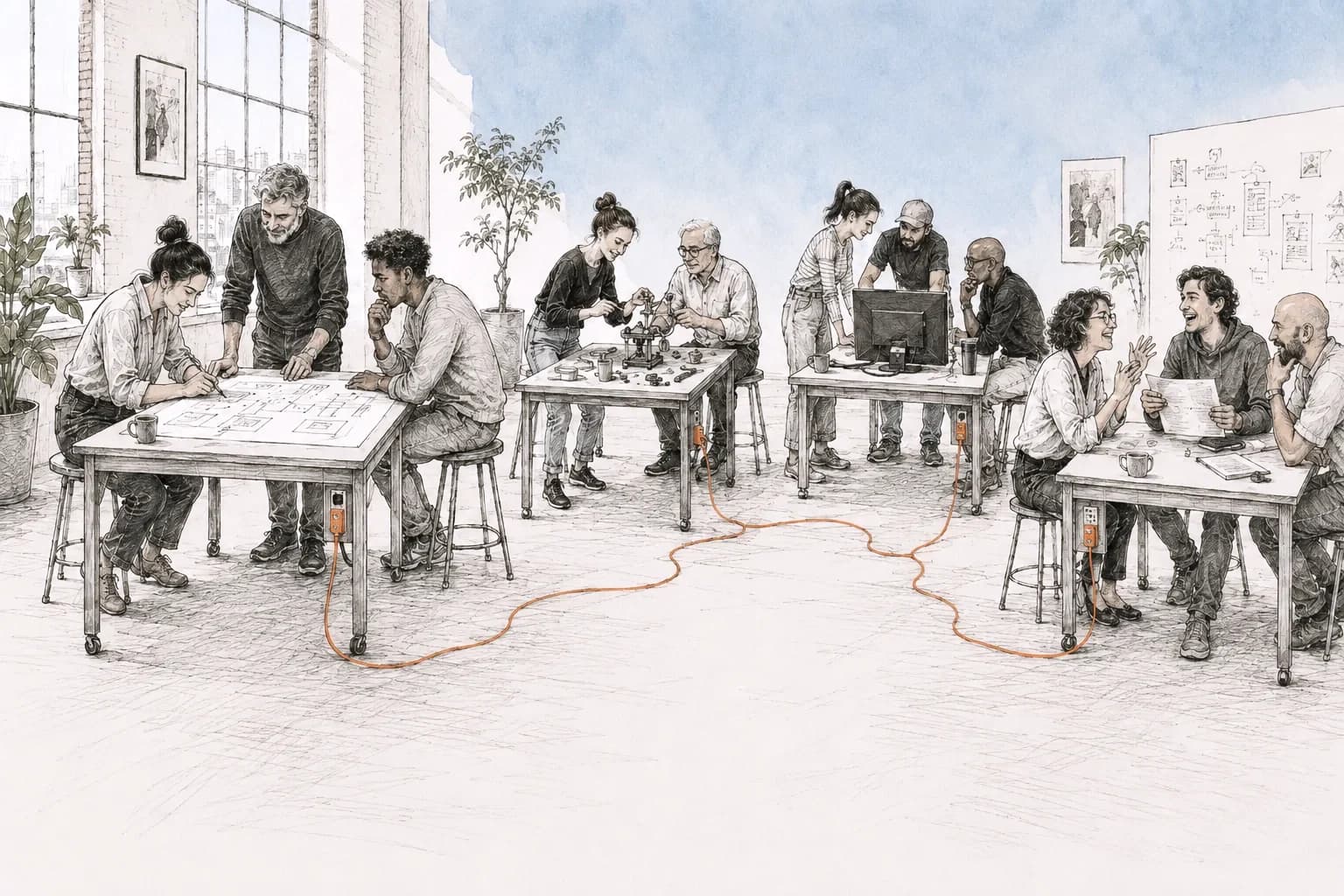 Inkttekening: een team dat samen aan iets bouwt