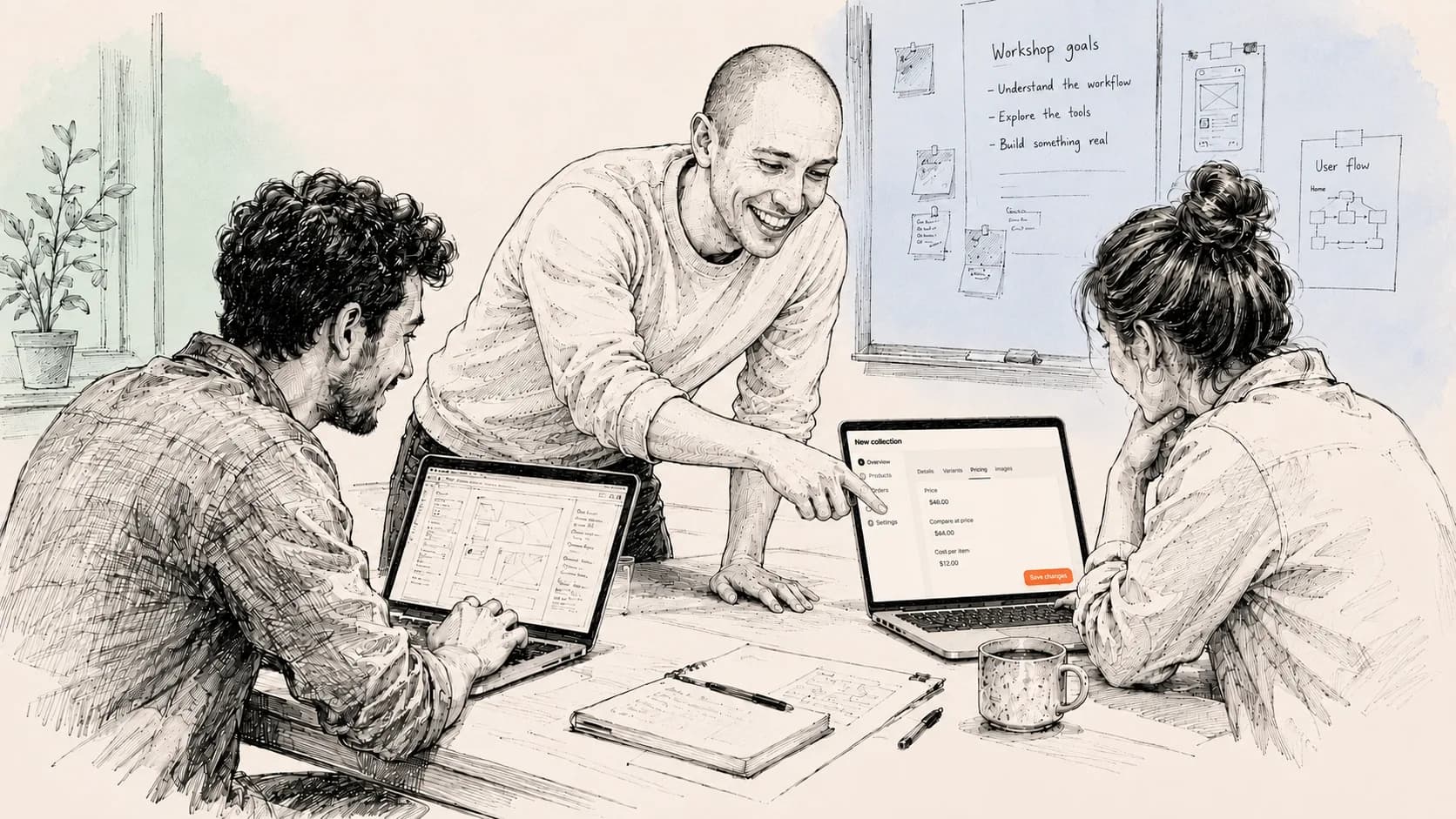 Inkttekening: collega’s die leren bouwen met AI