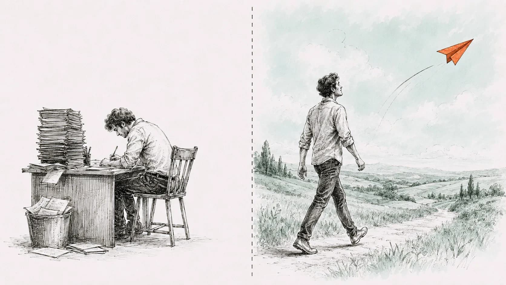 Inkttekening: dezelfde persoon links gebogen over papierwerk, rechts wandelend een open landschap in
