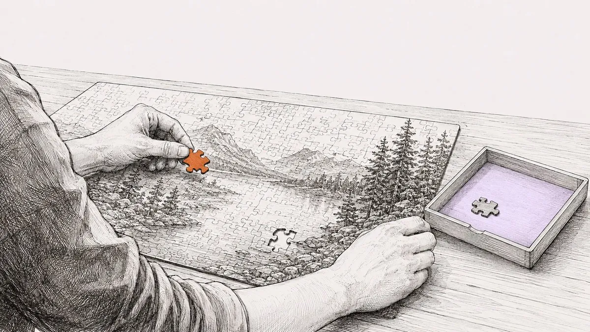 Iemand legt het laatste puzzelstuk op zijn plek, terwijl er nog een stuk in het doosje ligt